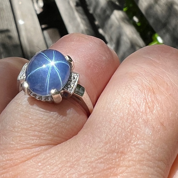 VINTAGE 10K WHITE GOLD SYNTHETIC STAR BLUE SAPPHIRE CATSEYE SPINEL CABOCHON RING - Picture 6 of 16